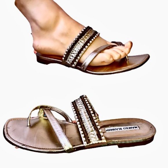 Manolo Blahnik THONG Gold Sandal Beads Rhinestones - Picture 9 of 14